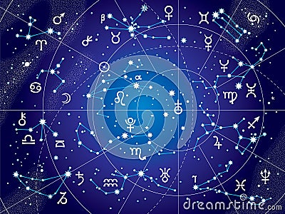 XII Constellations of Zodiac (Ultraviolet Blueprint version) Vector Illustration