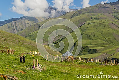 XINALIQ, AZERBAIJAN - JUNE 14, 2018: Cemetery in Xinaliq Khinalug village, Azerbaij Editorial Stock Photo