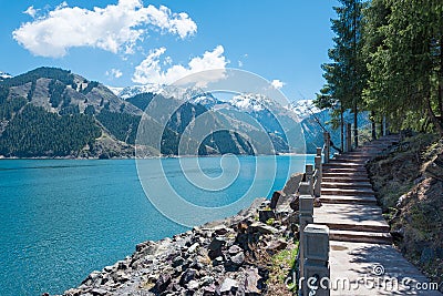 Heavenly Lake of Tianshan (Tianchi) in Fukang, Changji, Xinjiang, China. It is part of UNESCO World Heritage Site Stock Photo