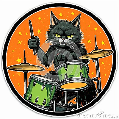 Xl Cat Drummer Sticker: Classic Rock Style, Ominous And Energetic Stock Photo
