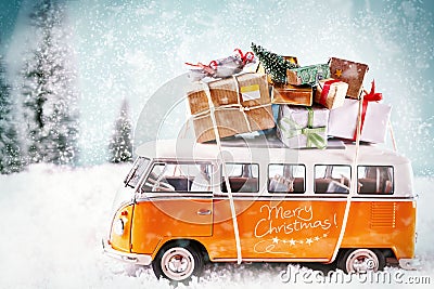 The Xmas bus in winter season Stock Photo