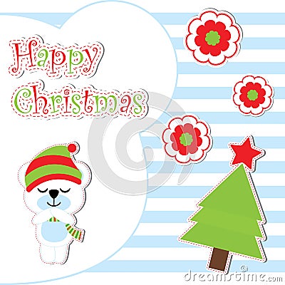 Xmas card with cute bear flowers, and tree cartoon on blue striped background, Xmas postcard, wallpaper, and greeting card Cartoon Illustration