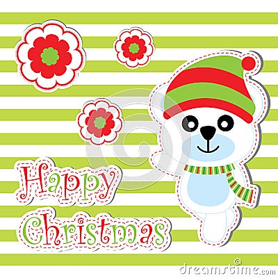 Xmas card with cute bear and flowers vector cartoon on striped background, Xmas postcard, wallpaper, and greeting card Vector Illustration