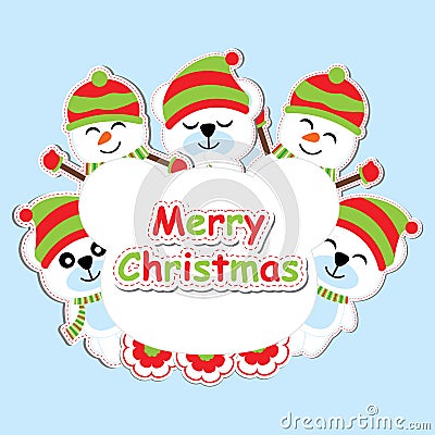 Xmas card with cute bear and snowman cartoon on bear head frame, Xmas postcard, wallpaper, and greeting card Vector Illustration