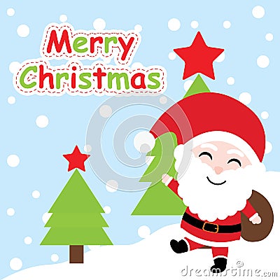 Xmas card with cute Santa Claus cartoon on Xmas tree background, Xmas postcard, wallpaper, and greeting card Vector Illustration