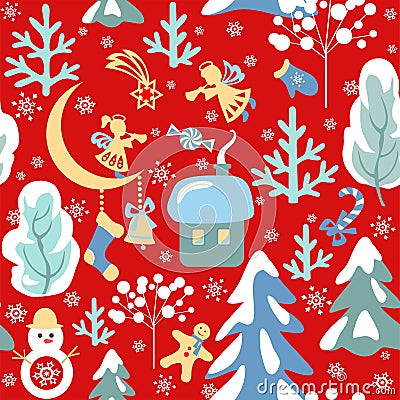 Xmas childish red wallpaper with seamless paper cutting pattern with snowy firs and trees, little angels, house, snowman and ginge Vector Illustration