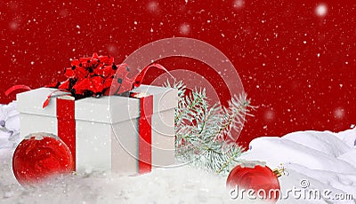 Xmas christamas gift box in the snow new yeaer background - 3d rendeing Stock Photo