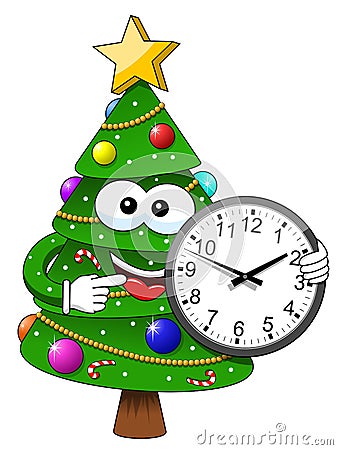 Xmas christmas tree mascot character holding indicating clock is Vector Illustration