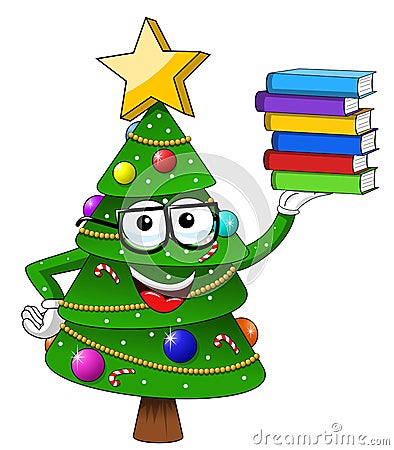 xmas christmas tree mascot character pile books isolated Vector Illustration