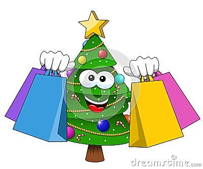 Xmas christmas tree mascot character shopping bags sale isolated Vector Illustration