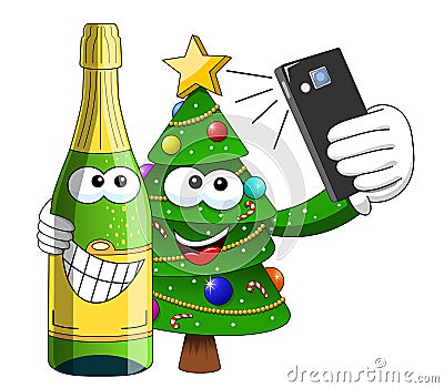 xmas christmas tree sparkling wine bottle mascot character selfie with smartphone isolated Vector Illustration