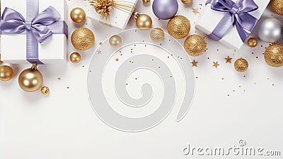 Xmas decoration. White gifts with blue bow, golden balls and Christmas tree in xmas decoration on white background for greeting Stock Photo