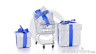 Xmas delivery. Trolley cart for supermarket with christmas or birthday gift box isolated on white background. Online valentine, Stock Photo