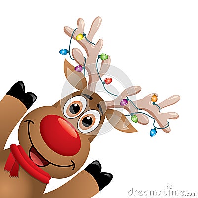 Xmas drawing of funny red nosed reindeer. vector Vector Illustration