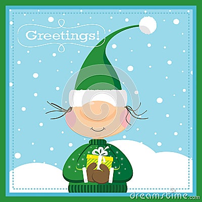 Xmas Elf & Gift Card Vector Illustration