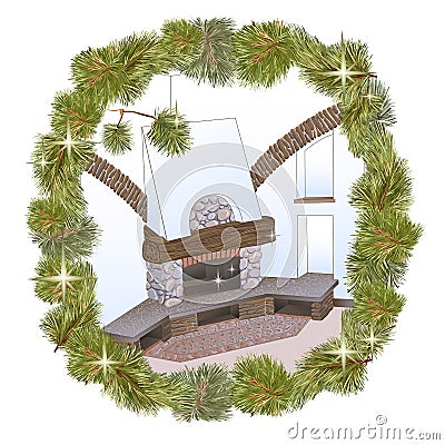 Xmas fireplace pine1 Vector Illustration