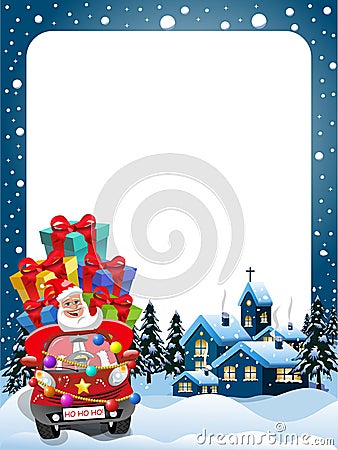 Xmas Frame Santa Claus driving car gifts xmas night Vector Illustration