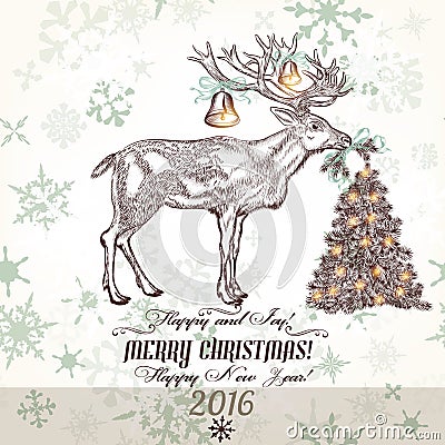 Xmas greeting card with north deer bells Christmas tree and snow Stock Photo