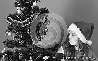 Xmas holiday concept. Miss Santa stands by Christmas tree. Stock Photo