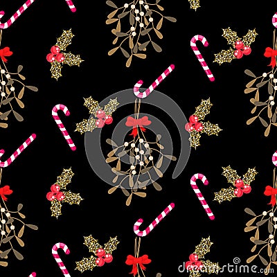 Xmas kissing bough black seamless vector pattern. Vector Illustration