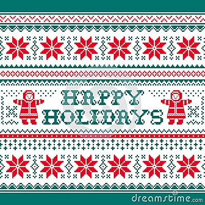 Happy Holidays vector greeting card pattern in red and greenbackground - Scandinavian knnitting, cross-stitch design Vector Illustration