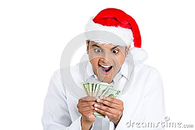 Xmas man surprised at his treasure Stock Photo