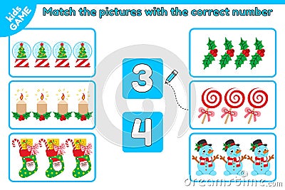 Xmas math game Match objects with correct number Vector Illustration