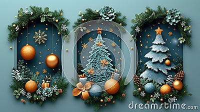 Xmas modern design set in paper cut style with Christmas tree, ball, star golden blue and white gifts Stock Photo