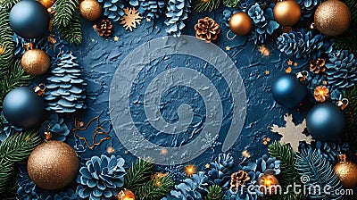 Xmas modern design set in paper cut style with Christmas tree, ball, star golden blue and white gifts Stock Photo