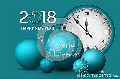 Xmas and New Year 2018 concept. Turquoise christmas balls with silver holders and vintage watch. Set of realistic objects Vector Illustration