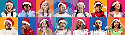 Xmas Offer. Mosaic With Smiling Multiethnic Men And Women Wearing Santa Hats Stock Photo