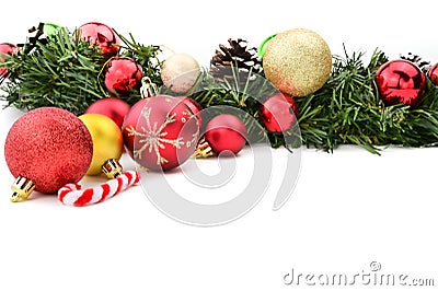 Xmas ornaments on white background with space for text Stock Photo