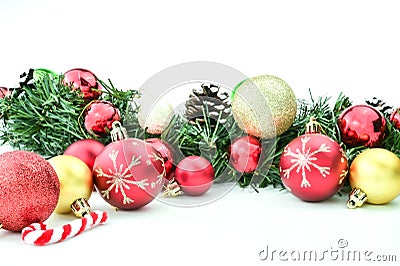 Xmas ornaments on white background with space for text Stock Photo