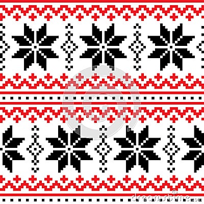 Christmas, winter seamless pattern with snowflakes, cross-stitch repetitive design, Scandinavian greeting card Stock Photo