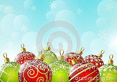 Xmas red and green balls on sky background Vector Illustration