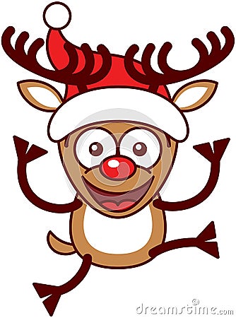 Xmas reindeer with big antlers, jumping and wearing a Santa hat Vector Illustration