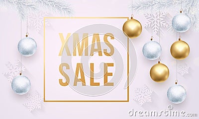 Xmas Sale gold text white poster, golden Christmas ornaments Vector Illustration