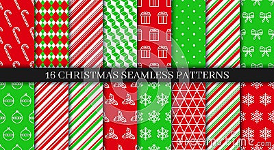 16 Xmas seamless patterns collection. Christmas New year texture. Festive seamless background. Holiday wrapping paper Vector Illustration