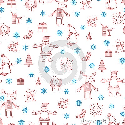 Cristmas seamless pattern. Abstract background with characters and icons. Vector Illustration