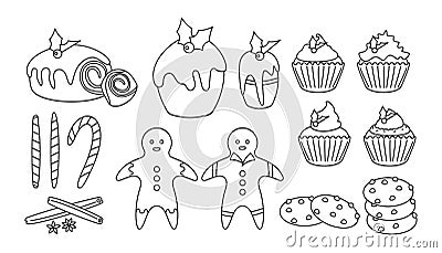 Xmas sweet food flat pudding cupcake vector set Vector Illustration