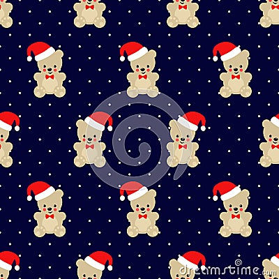 Xmas Teddy Bear seamless pattern on dark blue background. Vector Illustration