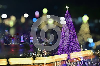 Xmas Tree blinking neno LED light bokeh Editorial Stock Photo