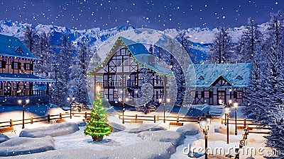 Xmas tree on township square at snowy winter night Cartoon Illustration