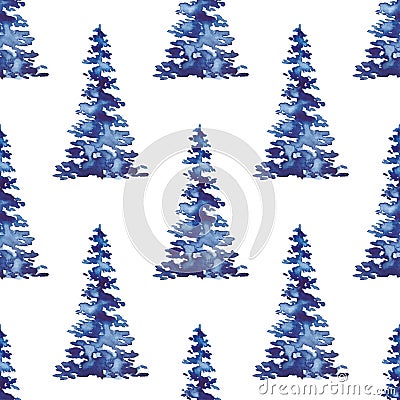 XMAS watercolor Fir Tree Seamless Pattern in Blue Color. Hand Painted Spruce Pine tree background or wallpaper for Stock Photo
