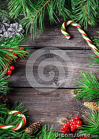 Xmas wreath card with copyspace on wooden background. Stock Photo