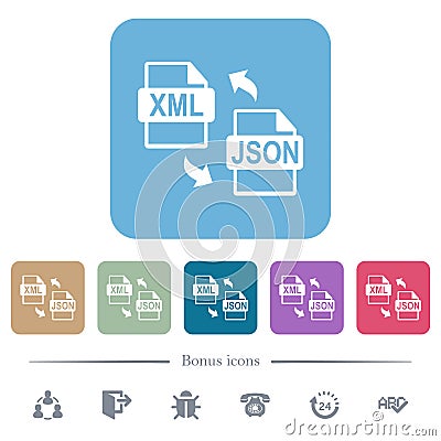 XML JSON file conversion flat icons on color rounded square backgrounds Vector Illustration