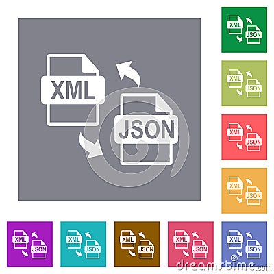 XML JSON file conversion square flat icons Vector Illustration