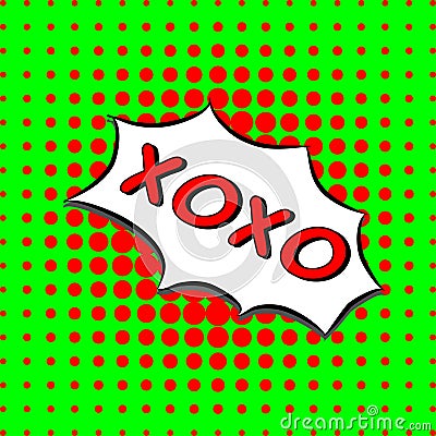 Xoxo - Comic Text, Pop Art style. green and red dotted halftone background. Vector love hugs and kisses message. Vector Illustration