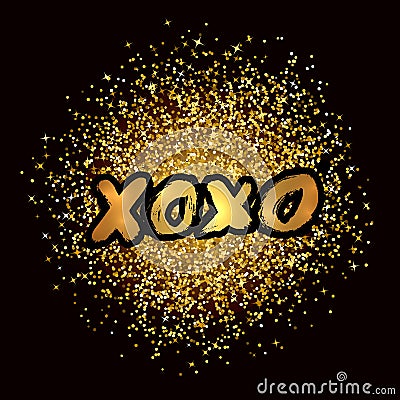 XOXO hand written phrase on gold glitter confetti background. Hugs and kisses sign. Grunge brush lettering XO. Easy to edit Stock Photo