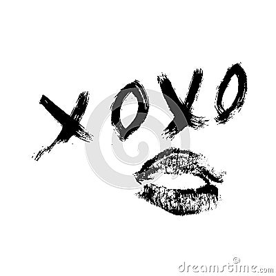 XOXO hand written phrase and lipstick kiss isolated on white background. Hugs and kisses sign. Grunge brush lettering XO. Easy to Stock Photo